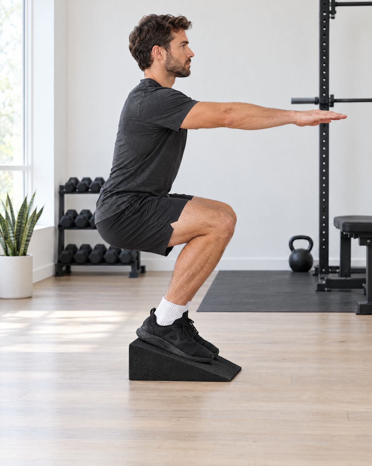 Man doing a decline squat on two foam wedges