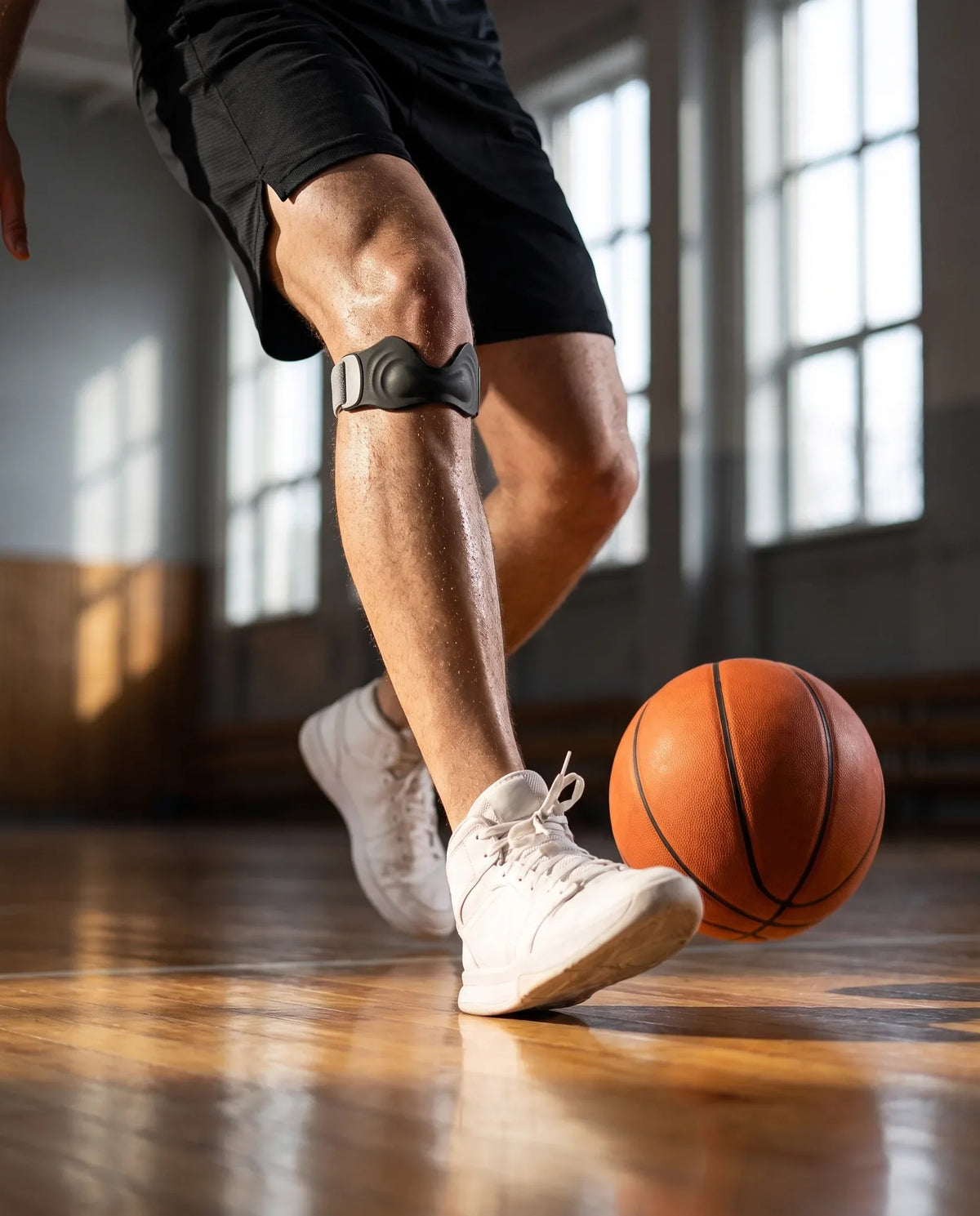 Basketball player landing from a jump wearing a patellar tendon strap for jumper's knee