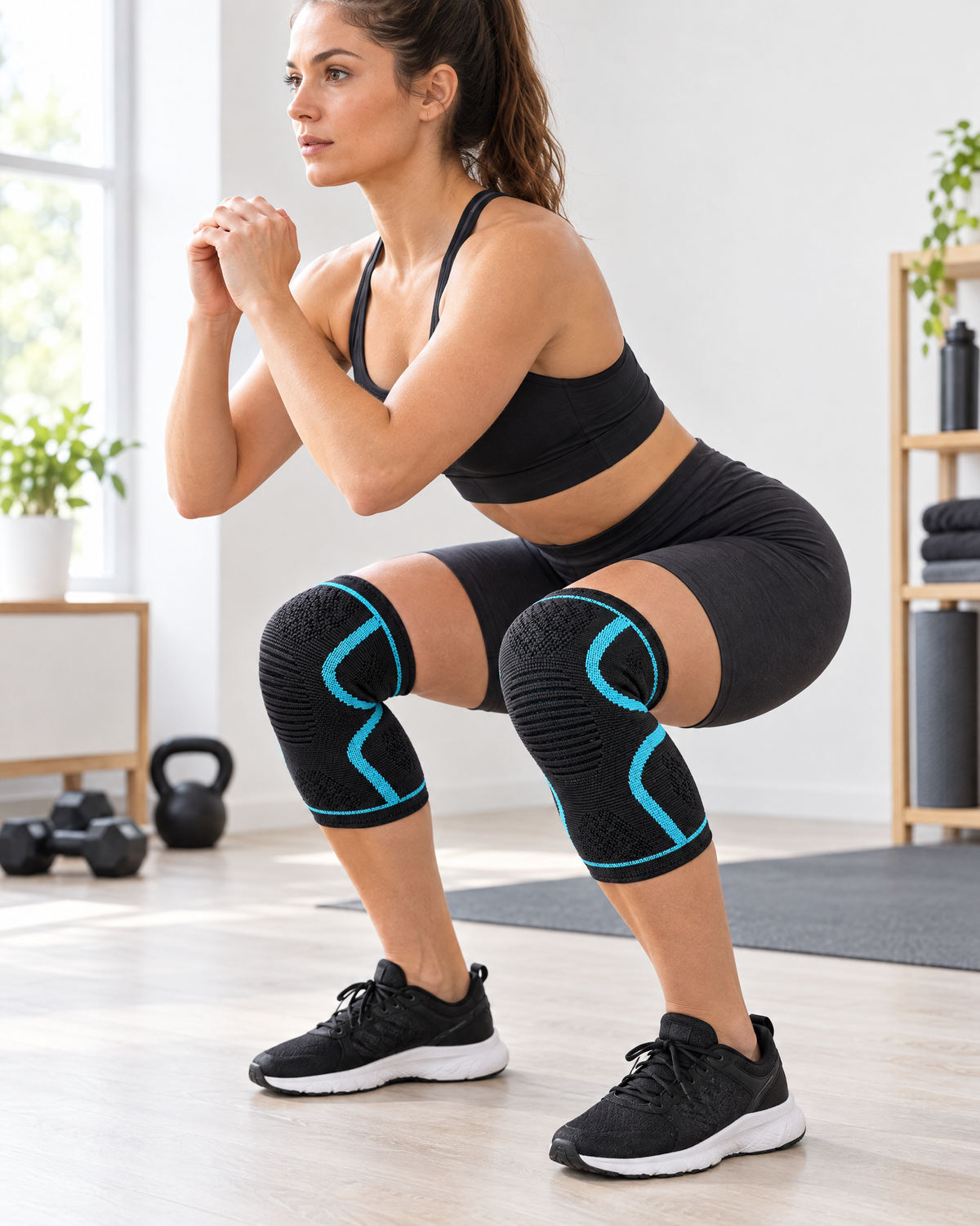 Woman squatting in compression knee sleeves