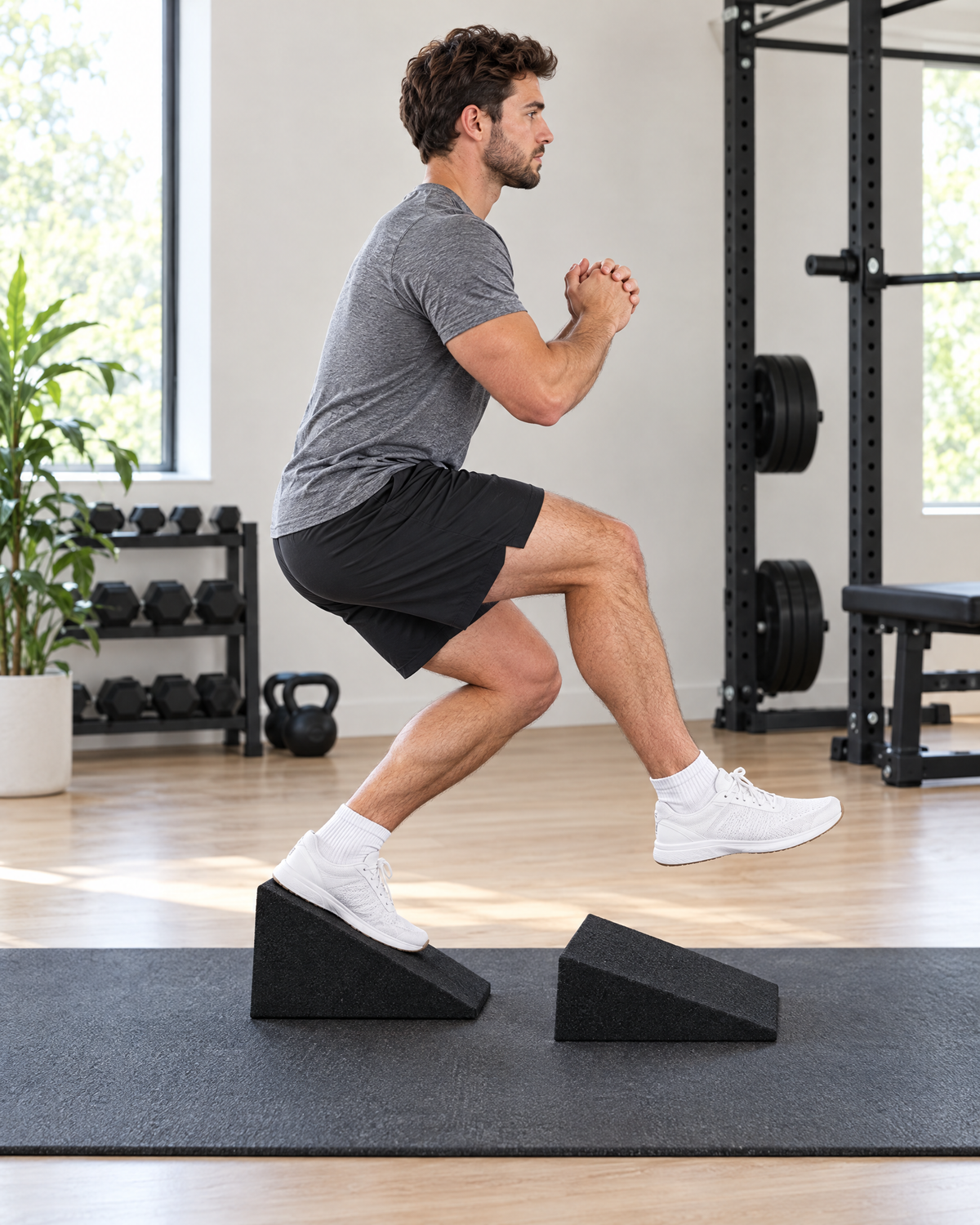Exercise on the decline squat wedges in a home gym