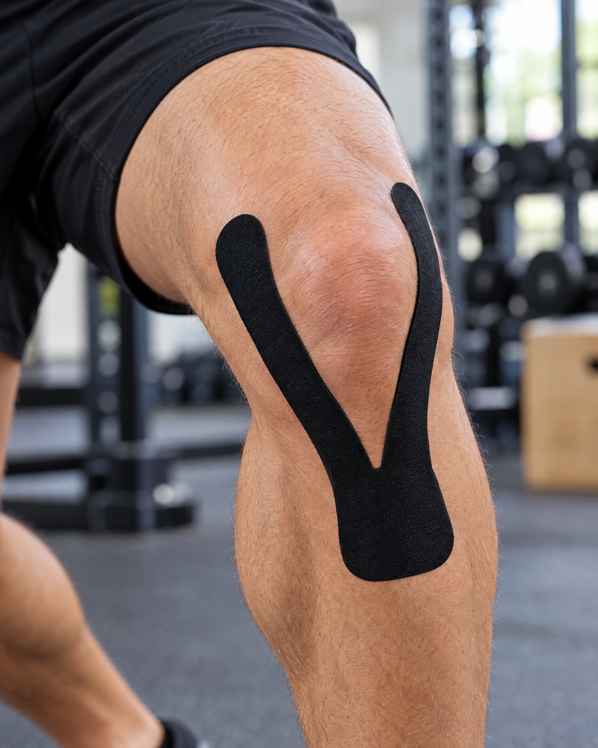 Pre-cut knee tape applied around the kneecap