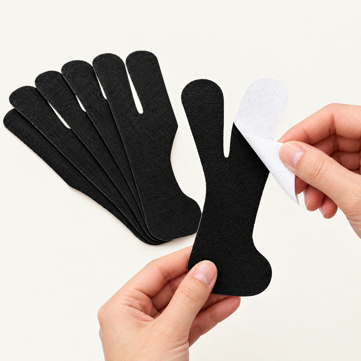 Peeling the backing off a pre-cut knee tape strip