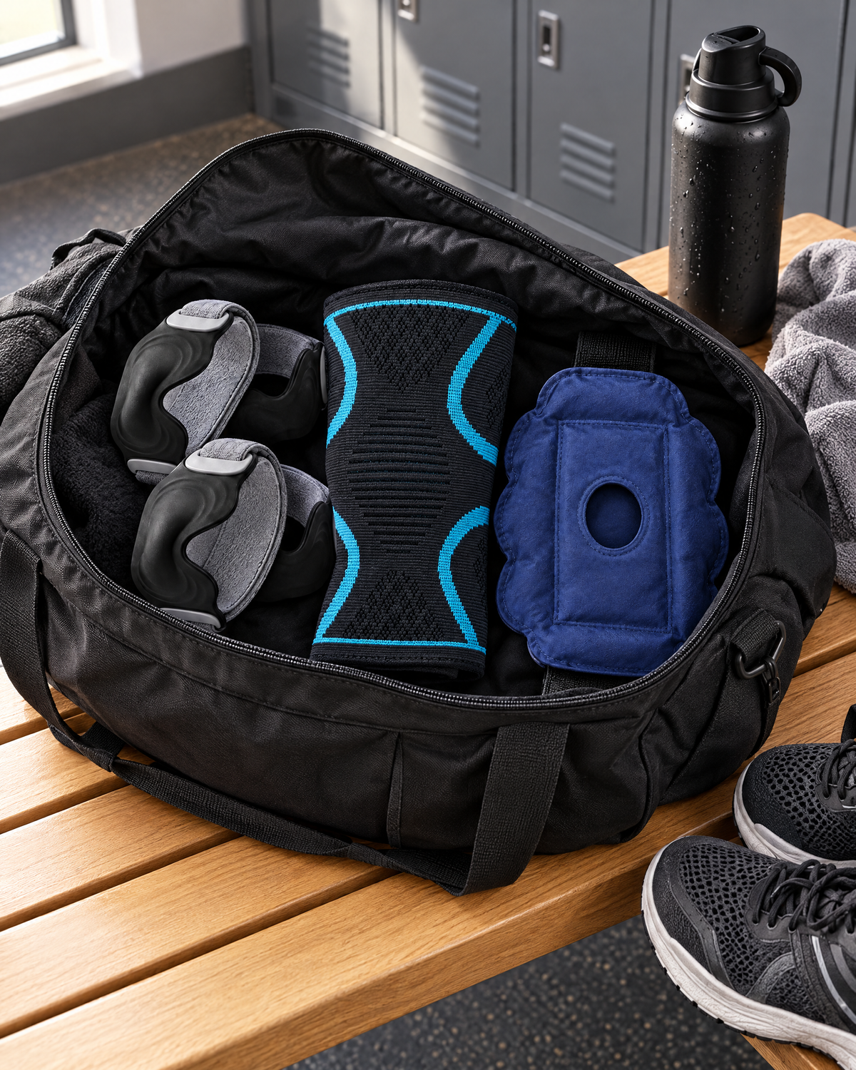 Knee relief kit packed in a gym bag