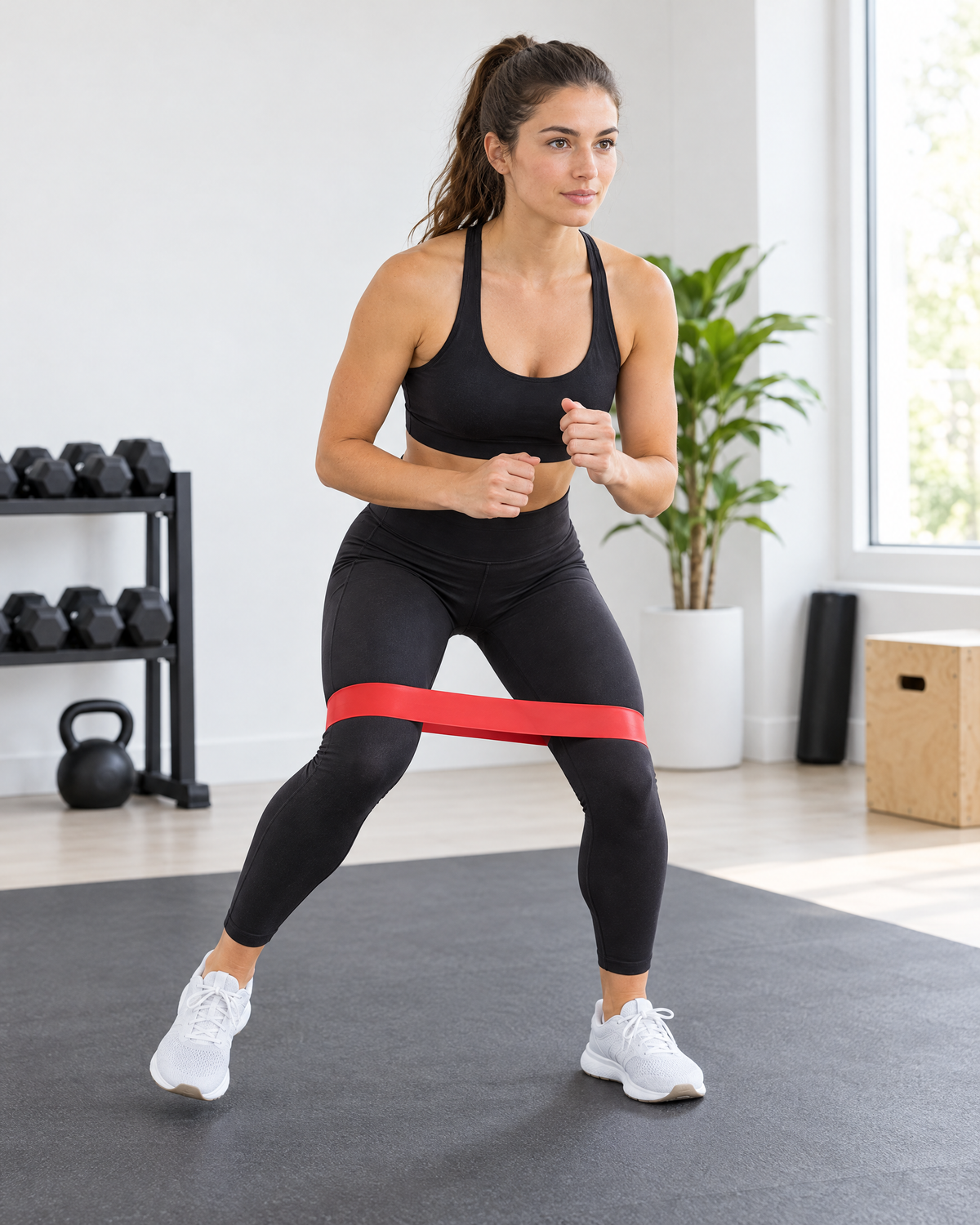 Woman doing a lateral band walk with a red mini band