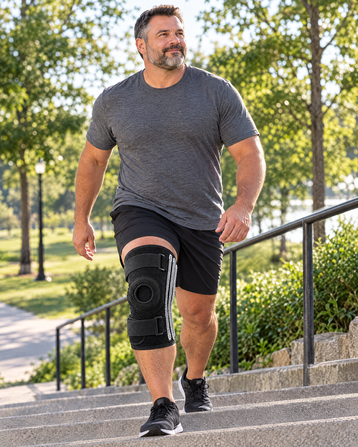 Man walking up park stairs wearing the plus size knee brace