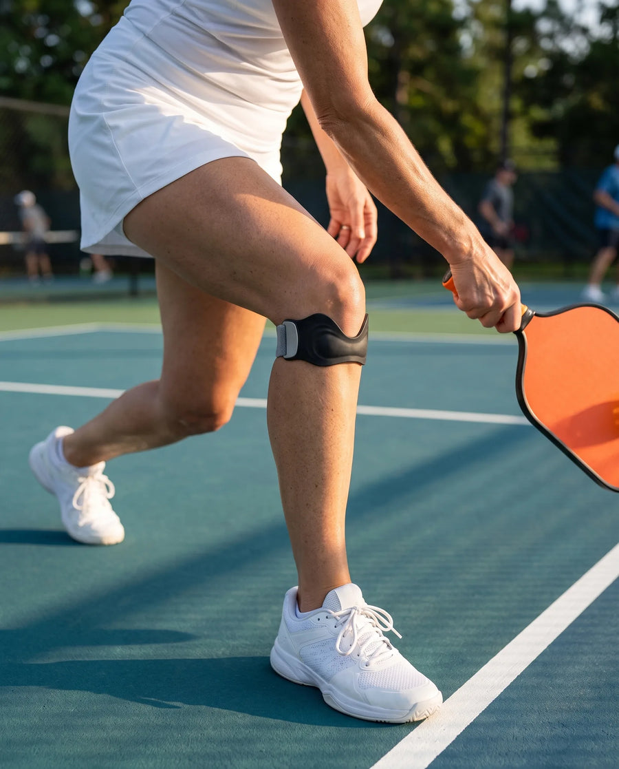 Pickleball player wearing a patellar tendon strap below the kneecap
